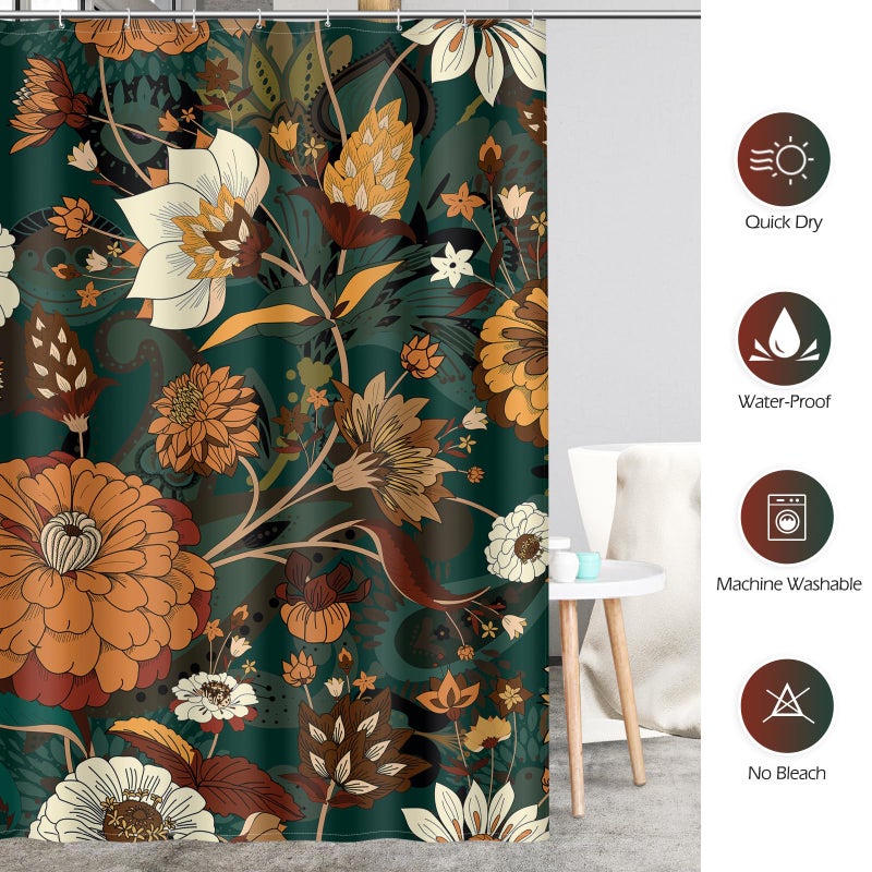 Aimego Boho Floral Shower Curtain - Dark Green Bohemian Chic Flowers Botanical Leaves Bath Shower Curtain Set with 12 Hooks for Adults Bathroom Decor Accessories  72""x72"" - Image 4