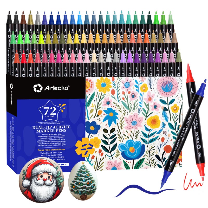Artecho Acrylic Paint Markers 72 Colors, Acrylic Paint Pens with Brush Tip and Fine Tip for Stone, Rock Painting, Paper, Pumpkin, Wood, Egg, Canvas, Ceramic, Fabric, leather, Glass, DIY Crafts - Image 1