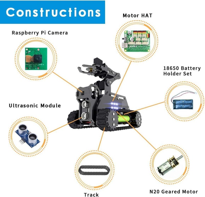 Adeept RaspTank Robot Toys WiFi Wireless Smart Car Kit Compatible with Raspberry Pi 4 3 Model B+/B, Tank Tracked with 4-DOF Robotic Arm, OpenCV Target Tracking, Video Transmission PDF Robots for Kids