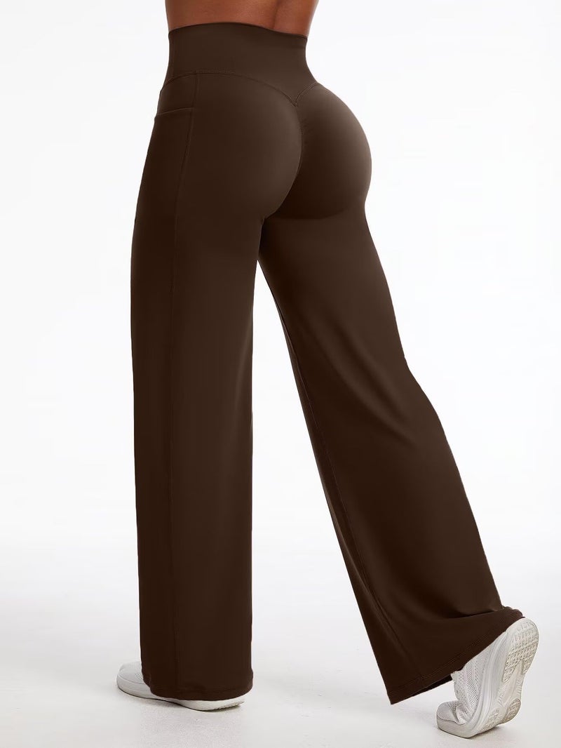 Flamingals Straight Leggings Wide Leg Yoga Pants with Pockets for Women High Waisted Hidden Scrunch Workout 31.5" Pants Mocha M - Image 3
