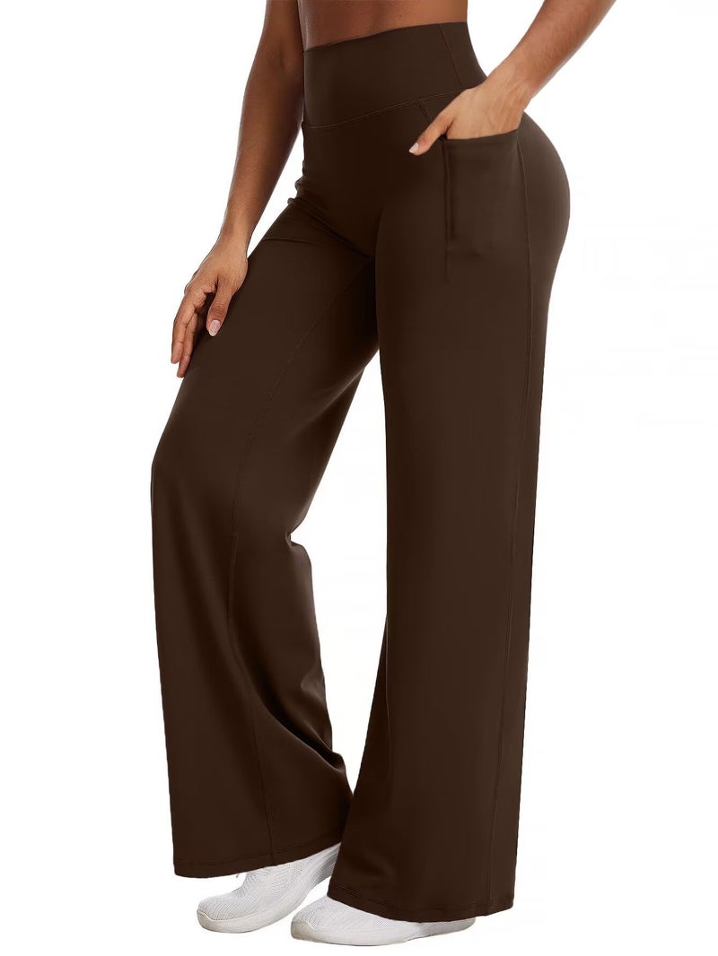 Flamingals Straight Leggings Wide Leg Yoga Pants with Pockets for Women High Waisted Hidden Scrunch Workout 31.5" Pants Mocha M - Image 1