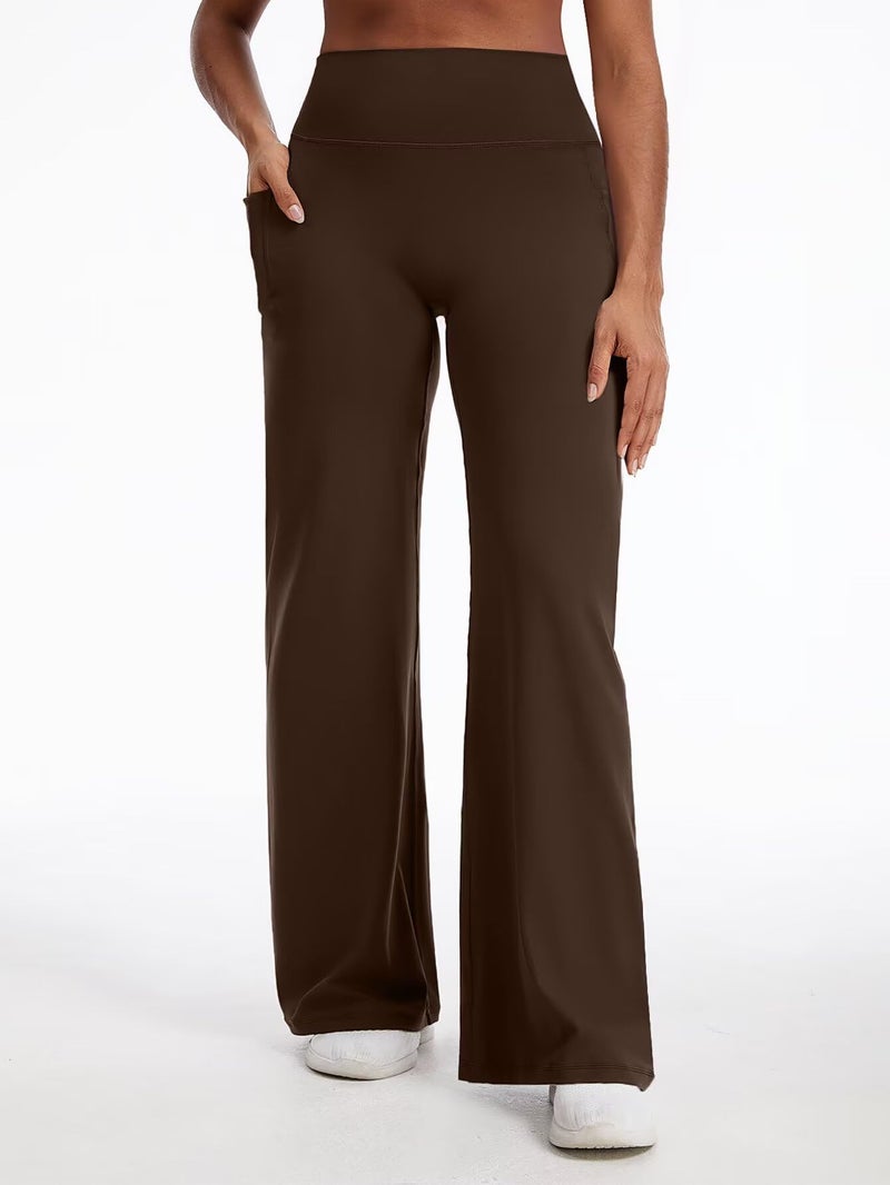 Flamingals Straight Leggings Wide Leg Yoga Pants with Pockets for Women High Waisted Hidden Scrunch Workout 31.5" Pants Mocha M - Image 2