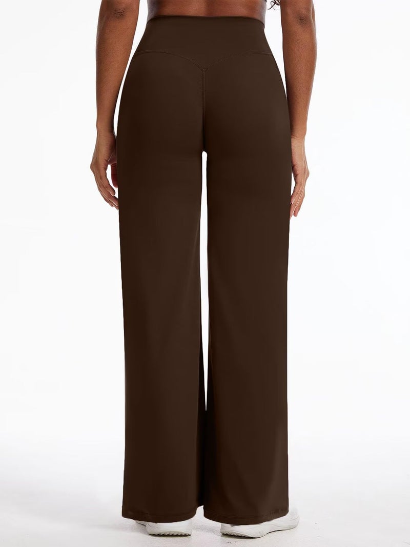 Flamingals Straight Leggings Wide Leg Yoga Pants with Pockets for Women High Waisted Hidden Scrunch Workout 31.5" Pants Mocha M - Image 4