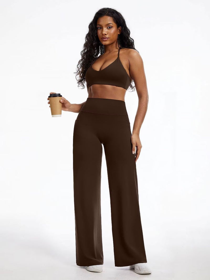 Flamingals Straight Leggings Wide Leg Yoga Pants with Pockets for Women High Waisted Hidden Scrunch Workout 31.5" Pants Mocha M - Image 5