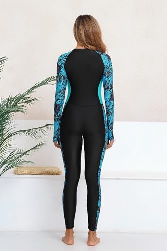 ALLTOKE Womens Full Body Rash Guard with Built in Bra Long Sleeve One Piece Swimsuit UPF50+ Zip Front Bathing Suit Blue Green Leaf S - Image 4