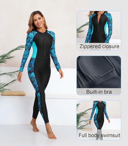 ALLTOKE Womens Full Body Rash Guard with Built in Bra Long Sleeve One Piece Swimsuit UPF50+ Zip Front Bathing Suit Blue Green Leaf S - Image 3