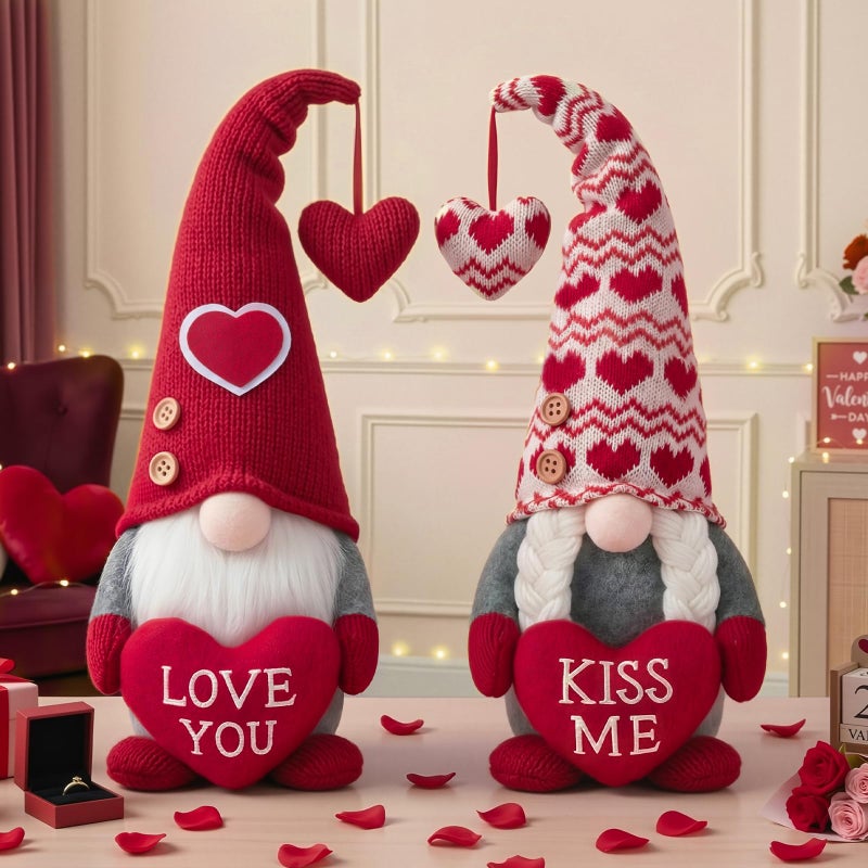 OLANRUN Valentines Day Decorations, 2Pcs Valentines Gnomes Plush Decor & Gifts for Her/Him, Valentines Day Decor Indoor with â€œLove MEâ€ â€œKISS MEâ€ for Home Office Table Tiered Tray Mantel - Image 1