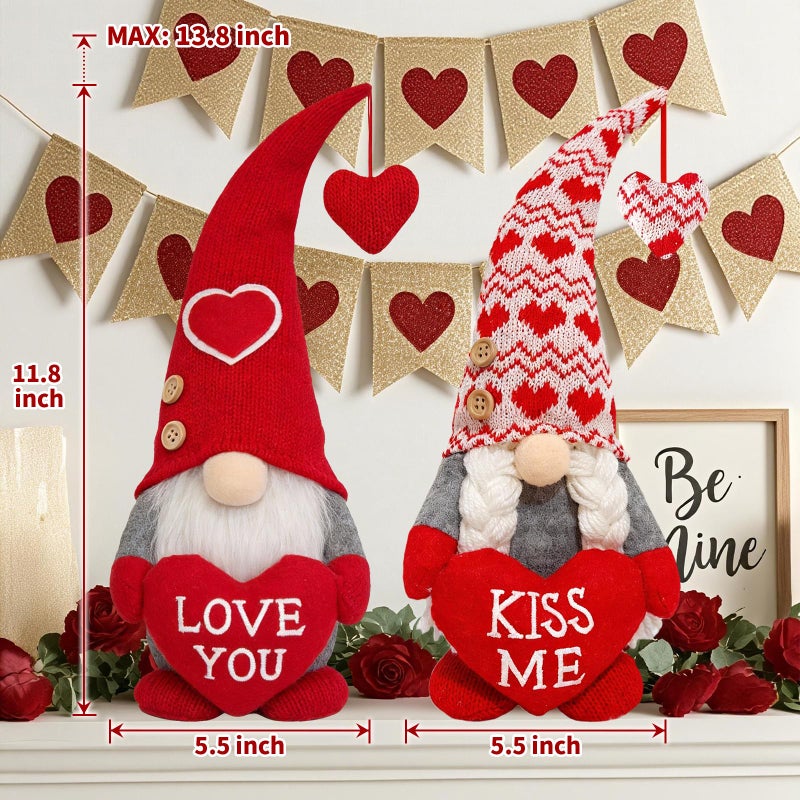 OLANRUN Valentines Day Decorations, 2Pcs Valentines Gnomes Plush Decor & Gifts for Her/Him, Valentines Day Decor Indoor with â€œLove MEâ€ â€œKISS MEâ€ for Home Office Table Tiered Tray Mantel - Image 3