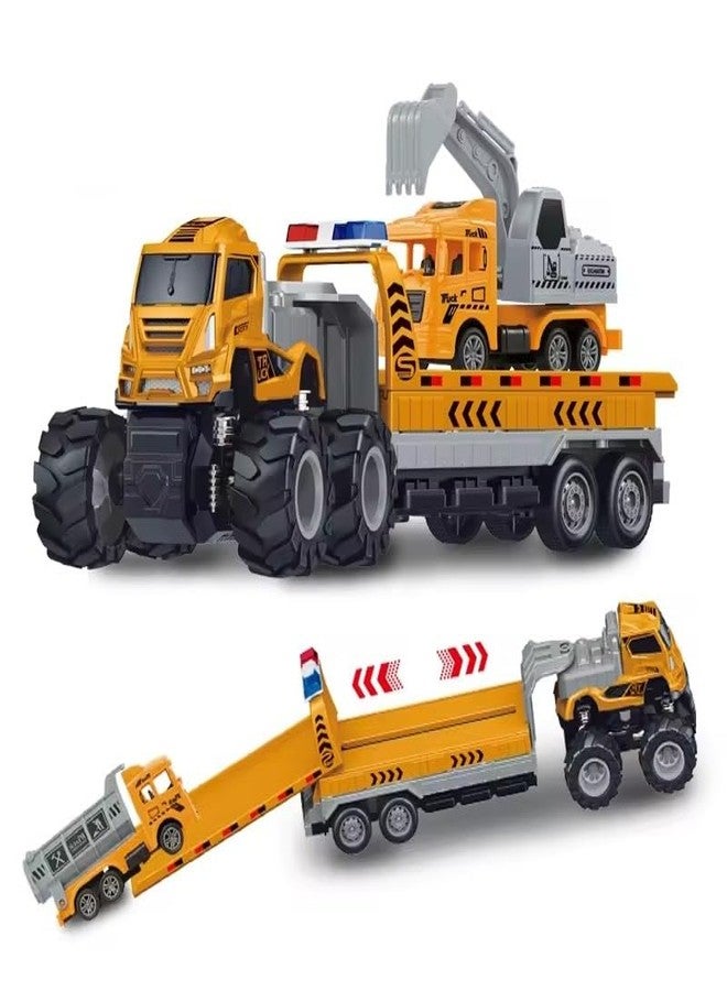 SHIPEASE Friction Powered Engineering Excavator Transport Truck Die cast Alloy Model Building Construction Truck Toys for Kids Boys Girls Pull Back Vehicle Miniature Trailer (Multicolor) - Image 1