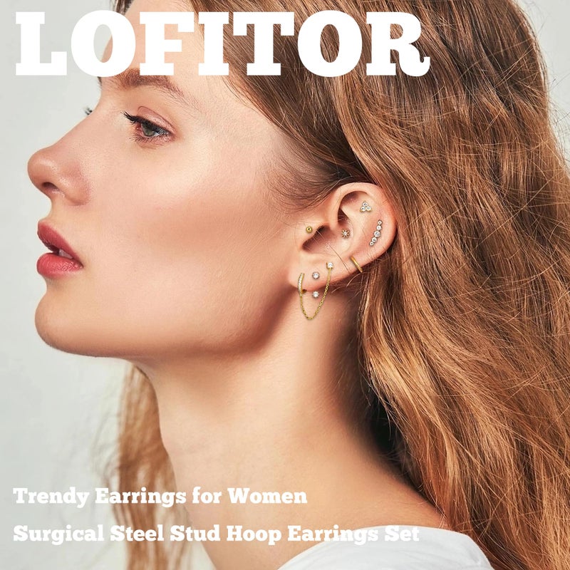 LOFITOR Hypoallergenic Flat Back Earrings for Women Gold Trendy Stacks Surgical Steel Stud Hoop Earrings Set For Multiple Piercing Tiny Stainless Steel Cartilage Screw Back Earrings Jewelry Gifts Gold - Image 2
