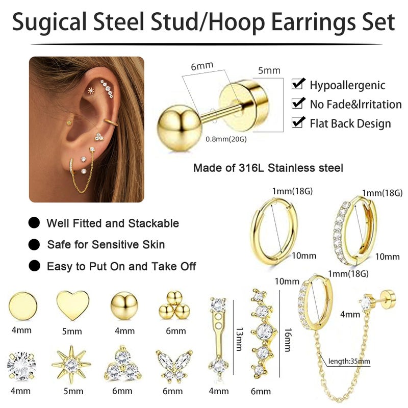 LOFITOR Hypoallergenic Flat Back Earrings for Women Gold Trendy Stacks Surgical Steel Stud Hoop Earrings Set For Multiple Piercing Tiny Stainless Steel Cartilage Screw Back Earrings Jewelry Gifts Gold - Image 4