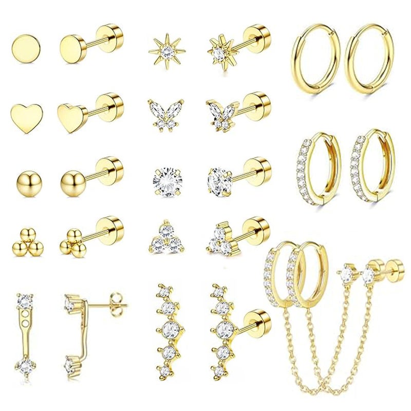 LOFITOR Hypoallergenic Flat Back Earrings for Women Gold Trendy Stacks Surgical Steel Stud Hoop Earrings Set For Multiple Piercing Tiny Stainless Steel Cartilage Screw Back Earrings Jewelry Gifts Gold - Image 1