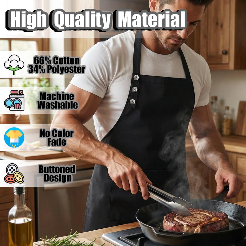 TOSHE Kitchen Apron Waterdrop Resistant Cotton Apron with adjustable Aprons for Women with Pockets 10 Color option Cooking Black Apron (Black) - Image 3