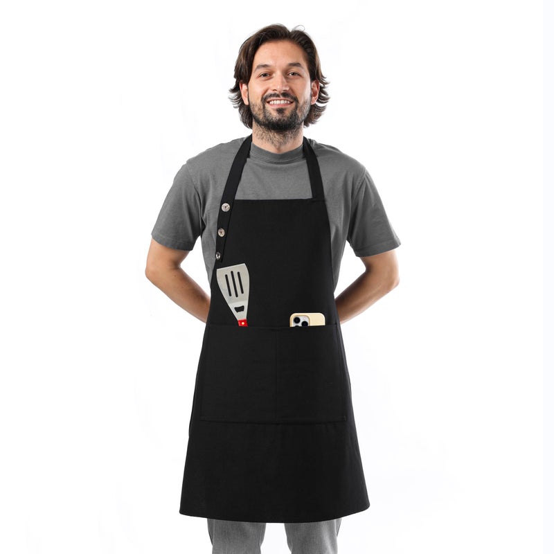 TOSHE Kitchen Apron Waterdrop Resistant Cotton Apron with adjustable Aprons for Women with Pockets 10 Color option Cooking Black Apron (Black) - Image 1