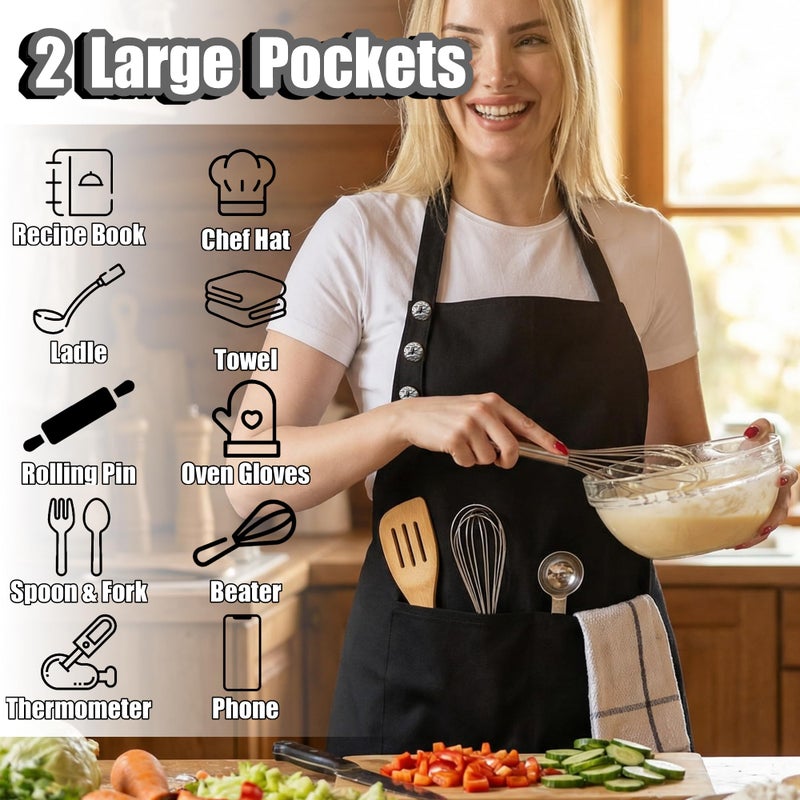 TOSHE Kitchen Apron Waterdrop Resistant Cotton Apron with adjustable Aprons for Women with Pockets 10 Color option Cooking Black Apron (Black) - Image 2