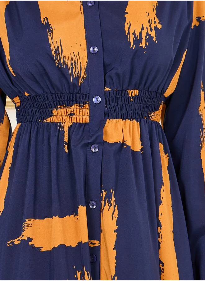 ستايلي Abstract Print Smocked Waist Shirt Midi Dress