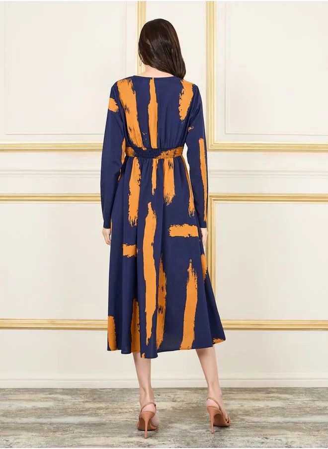 ستايلي Abstract Print Smocked Waist Shirt Midi Dress