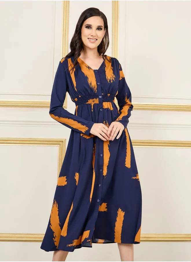 ستايلي Abstract Print Smocked Waist Shirt Midi Dress