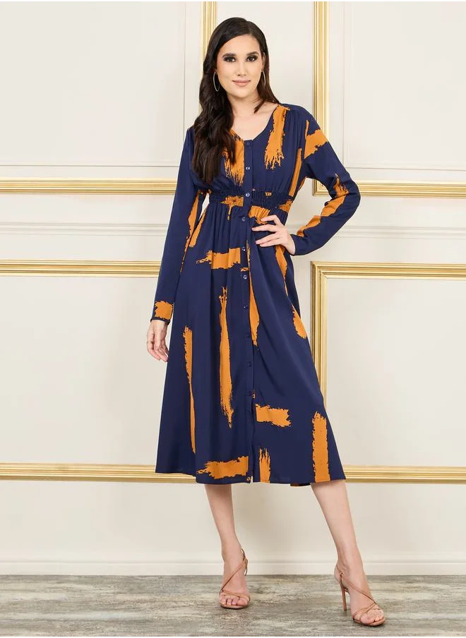 ستايلي Abstract Print Smocked Waist Shirt Midi Dress