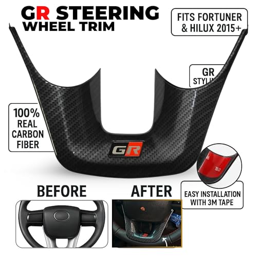 KMH Carbon Fiber GR Steering Wheel Trim Compatible with Toyota Fortuner, Hilux & Hycross 2015 Onwards - Premium Sports Car Interior Accessories, Durable Stylish Carbon Finish, Black - Pack of 1 - Image 4