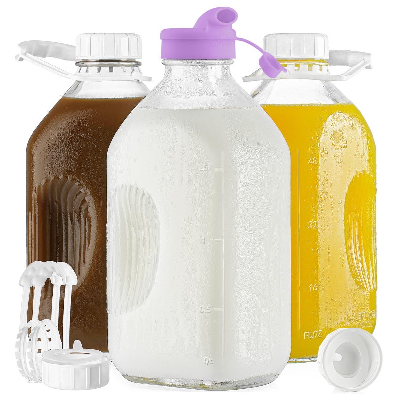 Ritayedet 3 Pack 64 Oz Heavy Duty Glass Milk Bottle with Handle and Reusable Airtight SCREW LID 2 Qt Glass Water Bottle with 2 Exact Scale Lines  Milk  Juice Jug Pitcher 