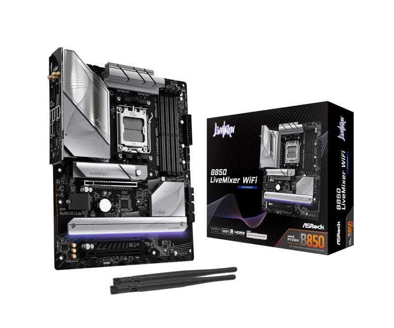 ASRock لوحة أم ASRock AMD B850 LiveMixer WiFi 7 مقبس AM5 لمعالجات Ryzen 9000/8000/7000 سلسلة DDR5 8000+ (OC) ميجاهرتز 256GB ATX M.2 SATA3 6.0 Gb/s PCIe 5.0 BIOS Flashback 1 HDMI 1 DisplayPort - Image 1