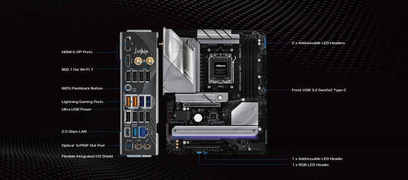 ASRock لوحة أم ASRock AMD B850 LiveMixer WiFi 7 مقبس AM5 لمعالجات Ryzen 9000/8000/7000 سلسلة DDR5 8000+ (OC) ميجاهرتز 256GB ATX M.2 SATA3 6.0 Gb/s PCIe 5.0 BIOS Flashback 1 HDMI 1 DisplayPort - Image 3