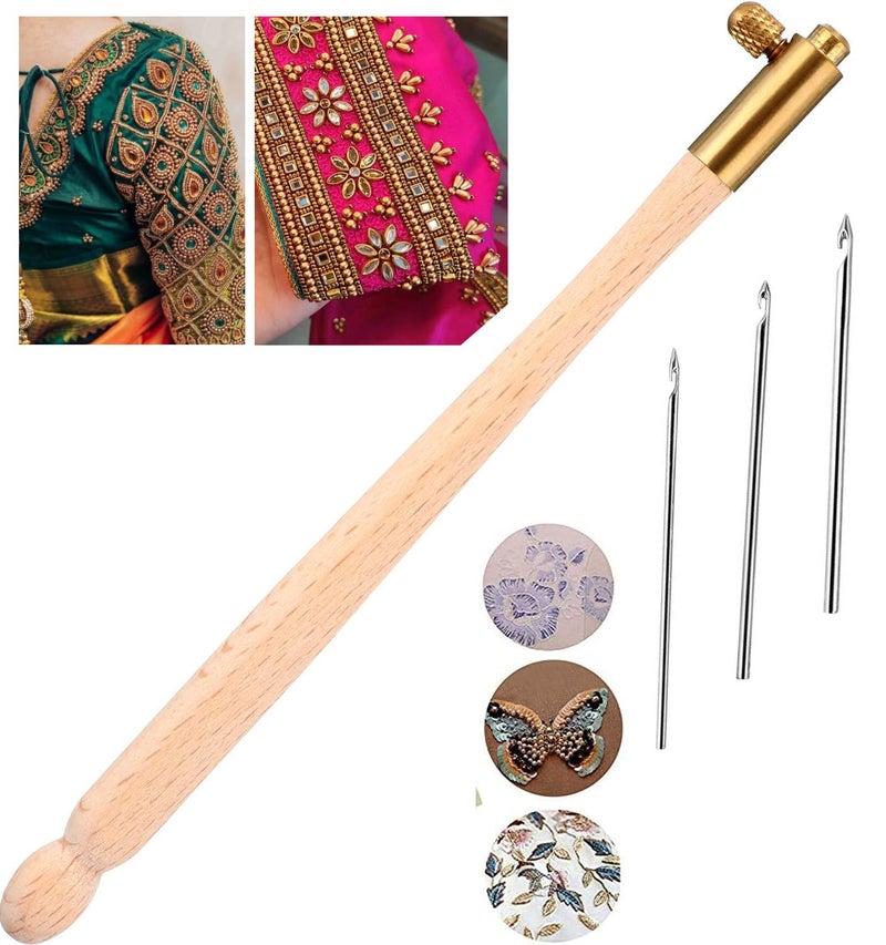 Jasol Embroidery Crochet Hooks with 3 Needles, Tambour Needle, French Crochet Embroidery Beading Tool Set, Embroidery Beading Needle Tools Sequin Beads Aari Needles (Brown Colour) - Image 1