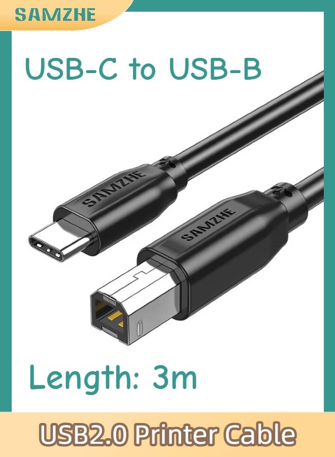 SAMZHE كابل بيانات طابعة من نوع USB-C إلى USB 2.0 Type-B بطول 3 أمتار، سلك طابعة بمنفذ مربع من النوع C، سرعة نقل عالية تصل إلى 480 ميجابت في الثانية، متوافق مع طابعات إبسون وإتش بي وكانون (أسود) - Image 1