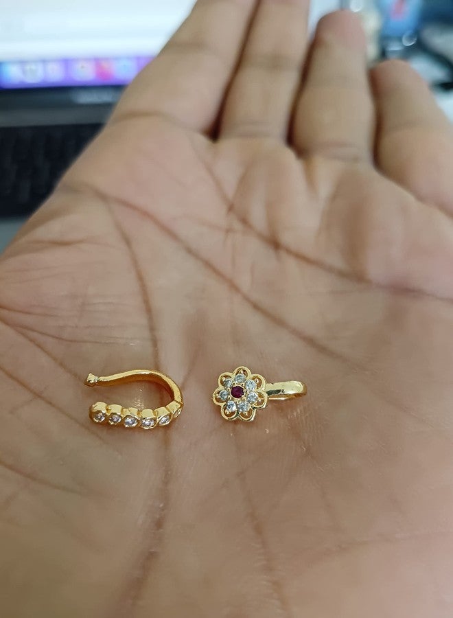 Paridhi Gold-Plated Non-Piercing Nosepin Combo for Women & Girls | American Diamond Clip-On Nose Rings | Floral & Curve Design (Set of 2) - Image 4