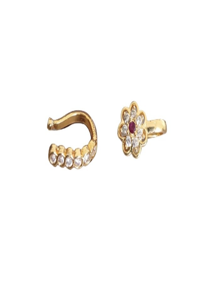 Paridhi Gold-Plated Non-Piercing Nosepin Combo for Women & Girls | American Diamond Clip-On Nose Rings | Floral & Curve Design (Set of 2) - Image 1