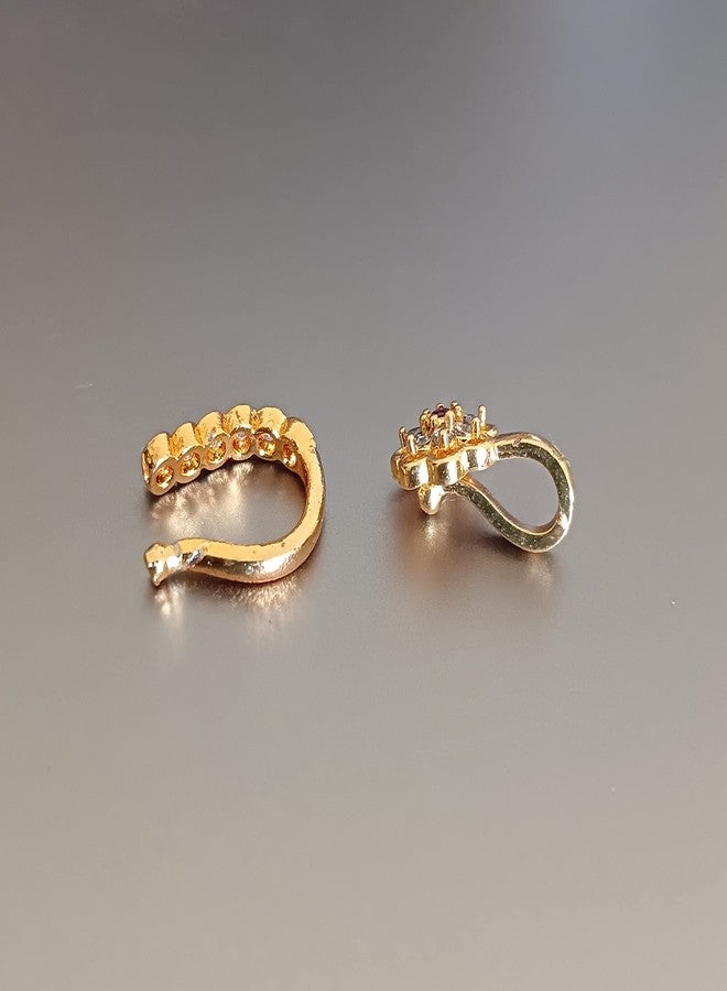 Paridhi Gold-Plated Non-Piercing Nosepin Combo for Women & Girls | American Diamond Clip-On Nose Rings | Floral & Curve Design (Set of 2) - Image 3