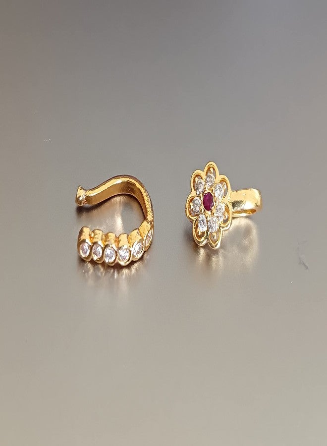 Paridhi Gold-Plated Non-Piercing Nosepin Combo for Women & Girls | American Diamond Clip-On Nose Rings | Floral & Curve Design (Set of 2) - Image 2