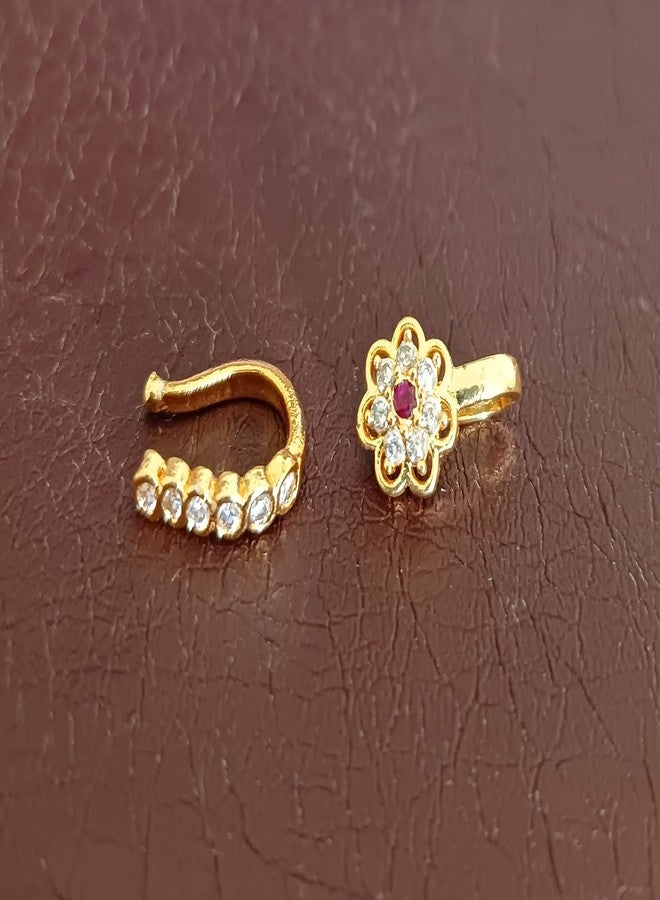 Paridhi Gold-Plated Non-Piercing Nosepin Combo for Women & Girls | American Diamond Clip-On Nose Rings | Floral & Curve Design (Set of 2) - Image 5