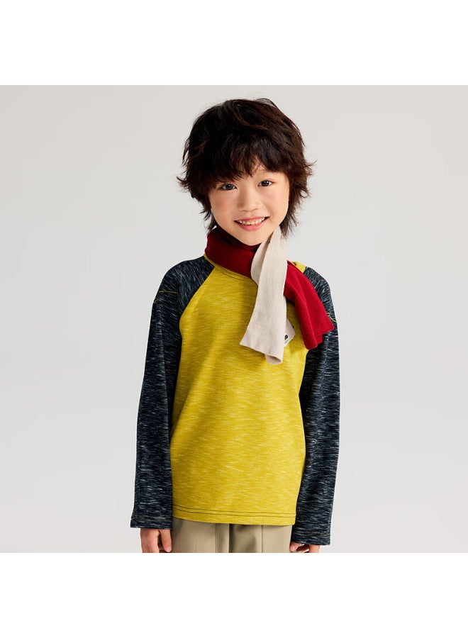 MIPO Mipu Kids Autumn Winter New Raglan Sleeve Colorblock Soft Stretchy Skin-friendly Base Shirt Yellow 120cm - Image 1