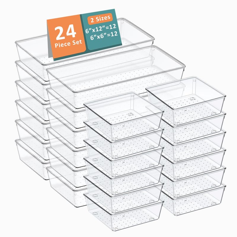 Kuber Industries 24 Pcs Set Multi-Purpose Transparent Drawer Organizers | Plastic Trays for Storage Kitchen & Aesthetic Dressing Table Organisers for Cosmetics, Makeup & Stationery | Transparent - Image 1