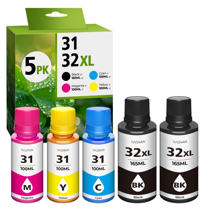 DEEIYUER 31 32XL Ink Bottle Set, Smart Tank 7602 5101 6001 651 Ink Refill Compatible with HP 31 Ink 32XL Black Ink Bottle Set for Smart Tank 5101 7602 5000 651 5103 6001 7301 7001 7302 5102 7002 7006 Printers - Image 1