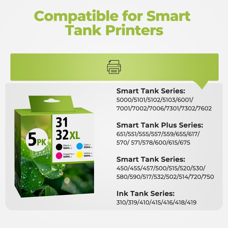 DEEIYUER 31 32XL Ink Bottle Set, Smart Tank 7602 5101 6001 651 Ink Refill Compatible with HP 31 Ink 32XL Black Ink Bottle Set for Smart Tank 5101 7602 5000 651 5103 6001 7301 7001 7302 5102 7002 7006 Printers - Image 2