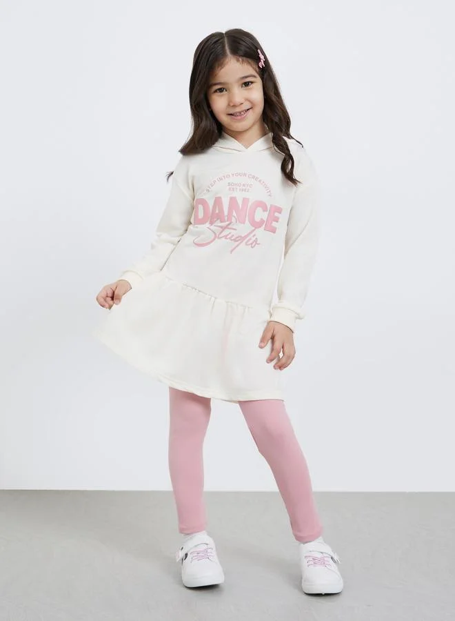 Styli Styli Girls Printed Hoodie Dress and Leggings Set