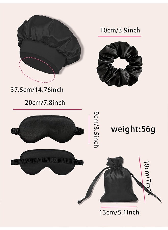 TTESL Women's Silk Satin Sleeping Set - Hair-Caring Bonnet with Matching Eye Mask & Scrunchie, Elastic Black Night Cap for Comfortable Sleep  - Image 3