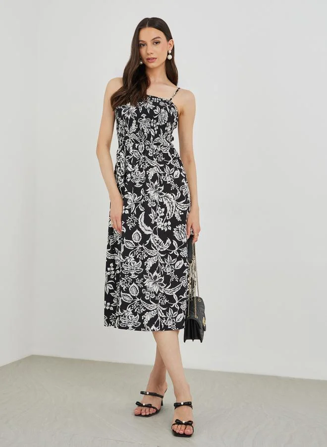 Take Two Take Two Floral Print A-Line Smocking Detail Maxi Dress