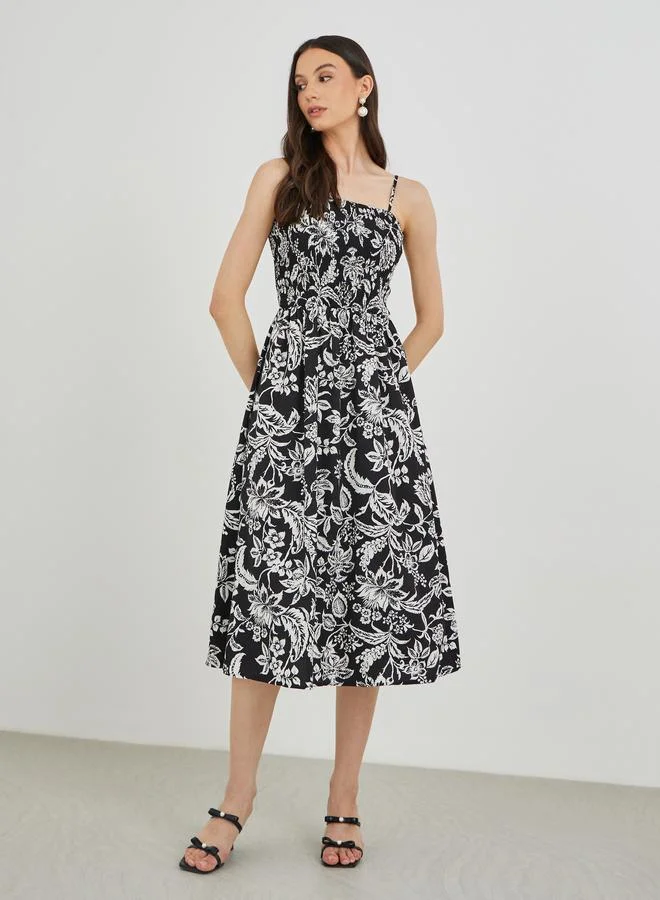 Take Two Take Two Floral Print A-Line Smocking Detail Maxi Dress