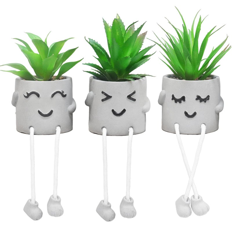 SEMSOIIO Set of 3 Artificial Succulent Plants Fake Plant Office Decor with Gray Flower Pots Small Faux Plants Indoor Mini Potted Succulents for Desk Shelf Bathroom Home Decor