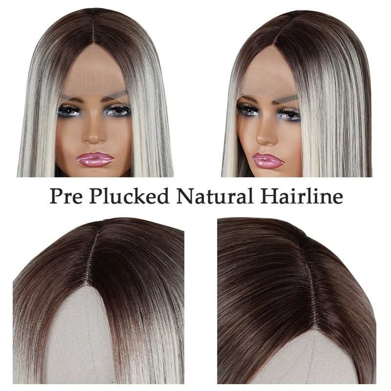 Realistic Wigs Long Straight Hair Ash Blonde Highlights Lace Wigs Pre Plucked Natural Hairline T Part Glueless Heat Resistant Synthetic Front for Women Women Hairstyle(13X1 T Part Lace Wig,20inches) - Image 5