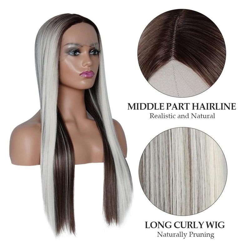 Realistic Wigs Long Straight Hair Ash Blonde Highlights Lace Wigs Pre Plucked Natural Hairline T Part Glueless Heat Resistant Synthetic Front for Women Women Hairstyle(13X1 T Part Lace Wig,20inches) - Image 4