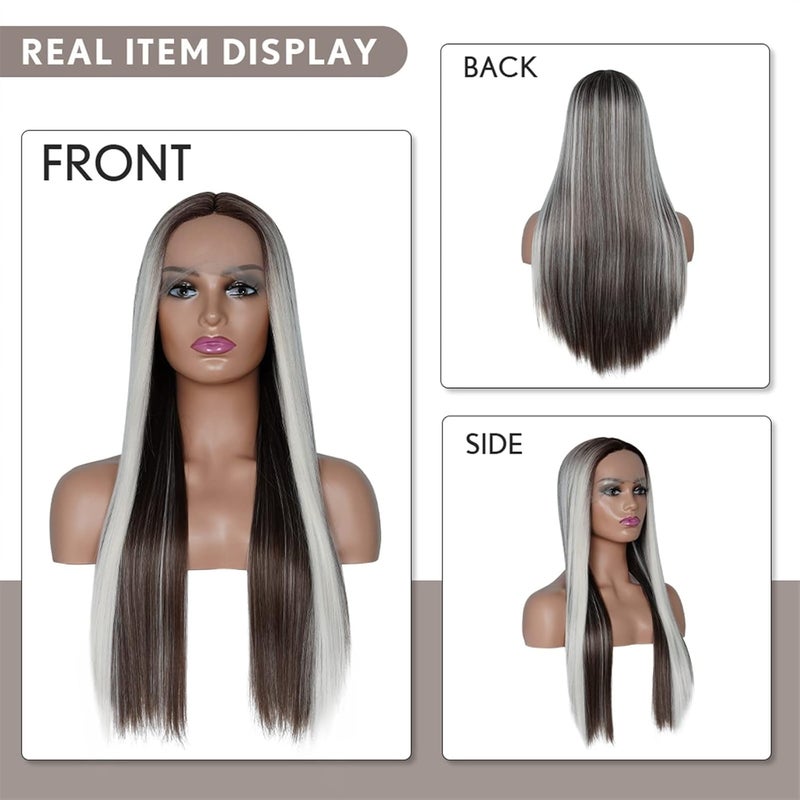 Realistic Wigs Long Straight Hair Ash Blonde Highlights Lace Wigs Pre Plucked Natural Hairline T Part Glueless Heat Resistant Synthetic Front for Women Women Hairstyle(13X1 T Part Lace Wig,20inches) - Image 3