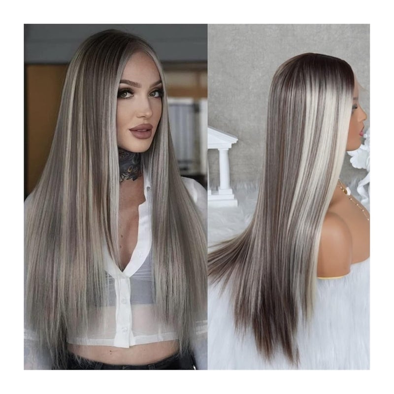 Realistic Wigs Long Straight Hair Ash Blonde Highlights Lace Wigs Pre Plucked Natural Hairline T Part Glueless Heat Resistant Synthetic Front for Women Women Hairstyle(13X1 T Part Lace Wig,20inches) - Image 1