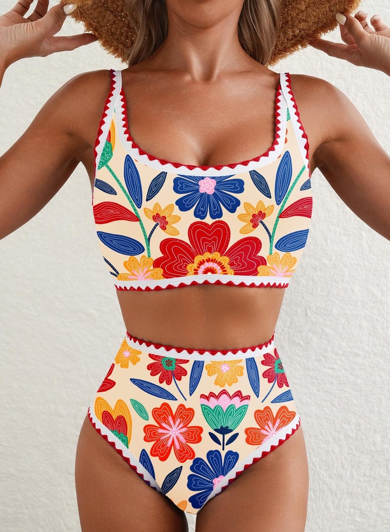 Herseas Bikini Sets for Women Floral Print Two Piece Cute Swim Suits 2026 High Waisted Bikini Bottom Scoop Top Beach Vacation Clothes Padded Beige Bathing Suits Summer Swimwear Medium - Image 3