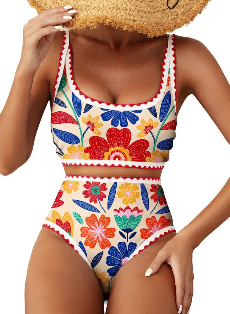Herseas Bikini Sets for Women Floral Print Two Piece Cute Swim Suits 2026 High Waisted Bikini Bottom Scoop Top Beach Vacation Clothes Padded Beige Bathing Suits Summer Swimwear Medium - Image 1
