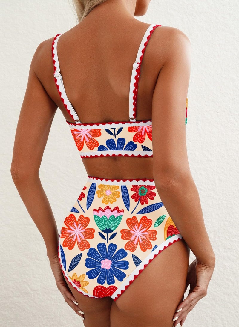 Herseas Bikini Sets for Women Floral Print Two Piece Cute Swim Suits 2026 High Waisted Bikini Bottom Scoop Top Beach Vacation Clothes Padded Beige Bathing Suits Summer Swimwear Medium - Image 2